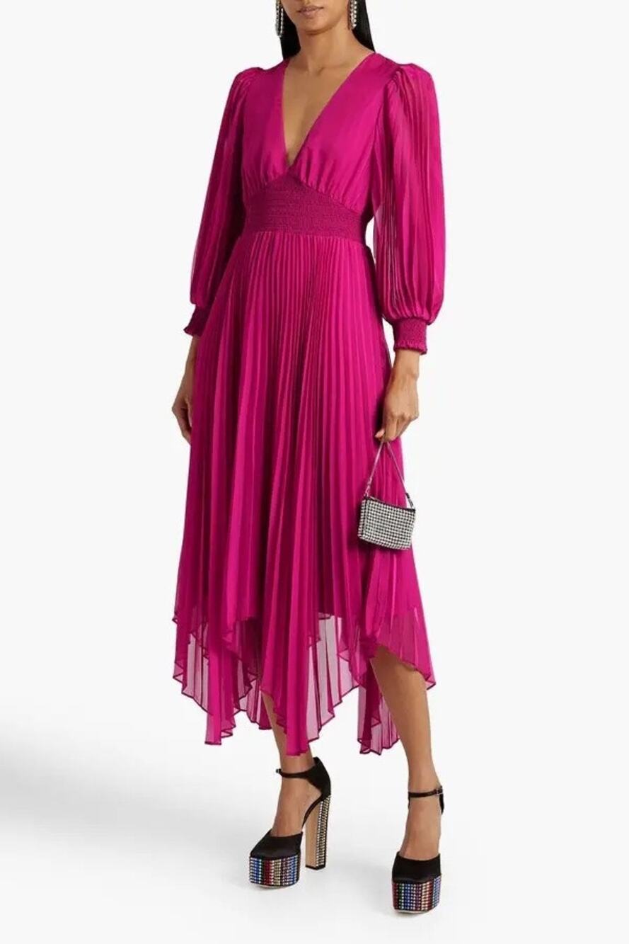 Alice + Olivia Sion Fuchsia Smocked Handkerchief V-Neck Long Sleeve Midi Dress 6